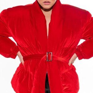 PLUS AZALEA WANG WATCH OUT COMING THROUGH VELVET RED WRAP PUFFER ( BRAND NEW ! )